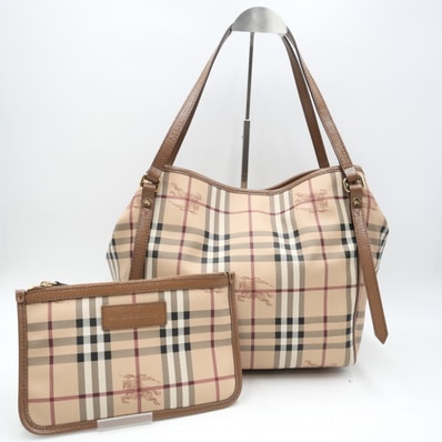 BURBERRY(バーバリー)カンタベリー ヘイマーケットチェック トートバッグ ポーチ付き ベージュ PVC レザー ゴールド金具 レディース【中古】