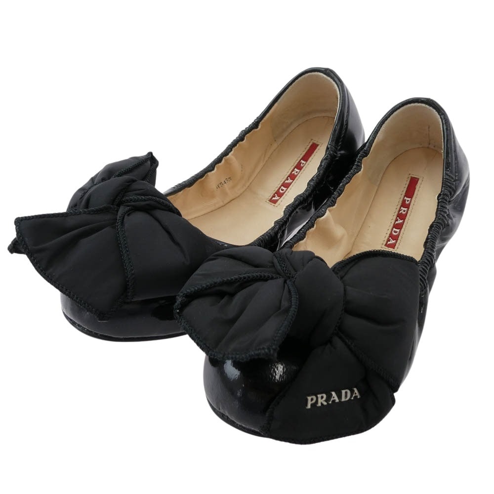 PRADA プラダ パンプス 3F5455 ロゴパファーリボン パンプス バレエ シューズ ブラック系 35.5【中古】