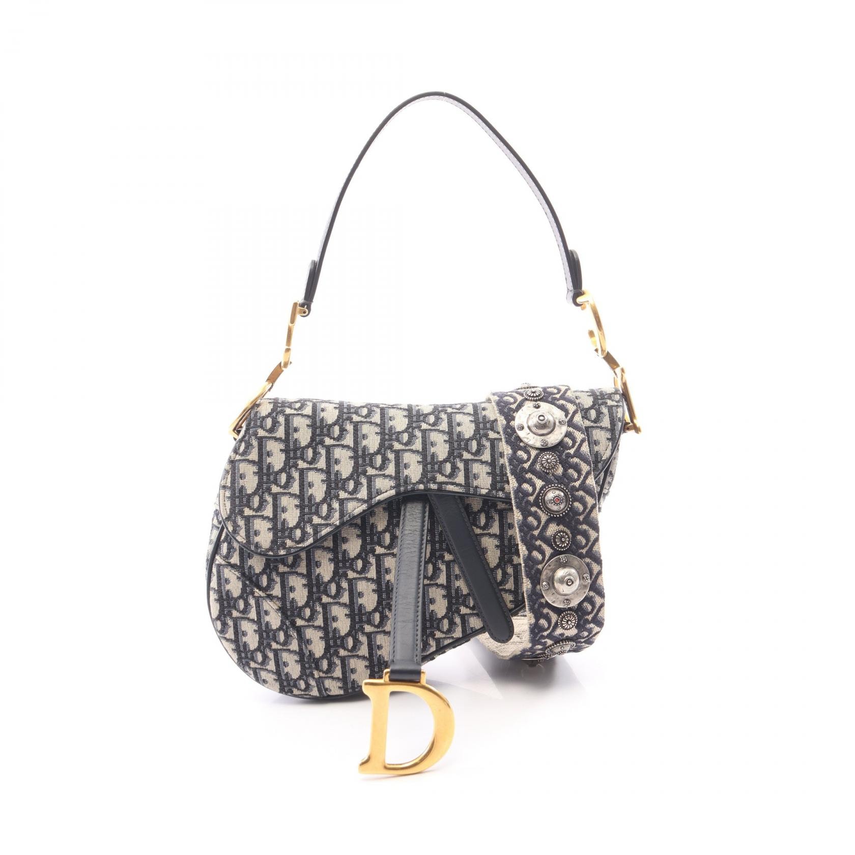 ディオール Dior サドルバッグ オブリークジャカード 2WAY ハンドバッグ バッグ キャンバス レザー レディース ベージュ系 / ネイビー系 【中古】