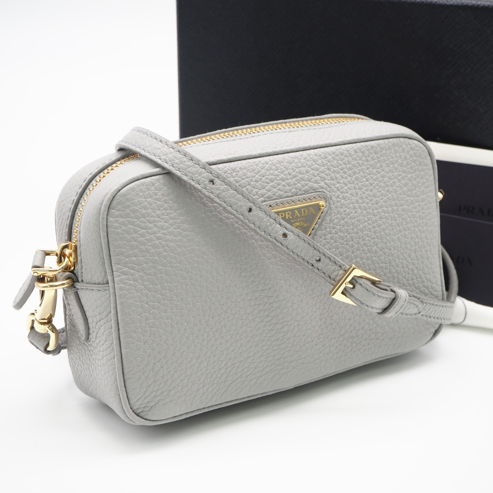 極美品 PRADA プラダ レザー ミニバッグ 1NF060 ショルダーバッグ グレー カーフレザー レディース