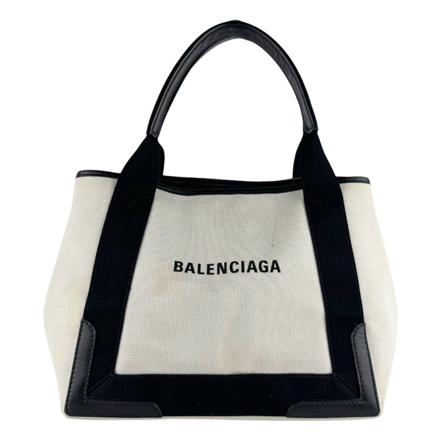 バレンシアガ BALENCIAGA ハンドバッグ トートバッグ ネイビーカバスS キャンバス/レザー ブラック/アイボリー レディース 339933【中古】 z9852