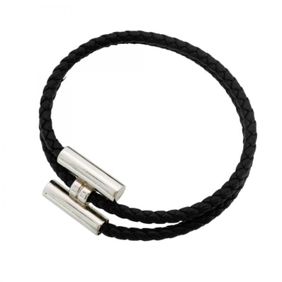 【6jeb0940】エルメス ブレスレット トゥルニ/トレッセ メタル レザー シルバー ブラック【中古】メンズ レディース ユニセックス