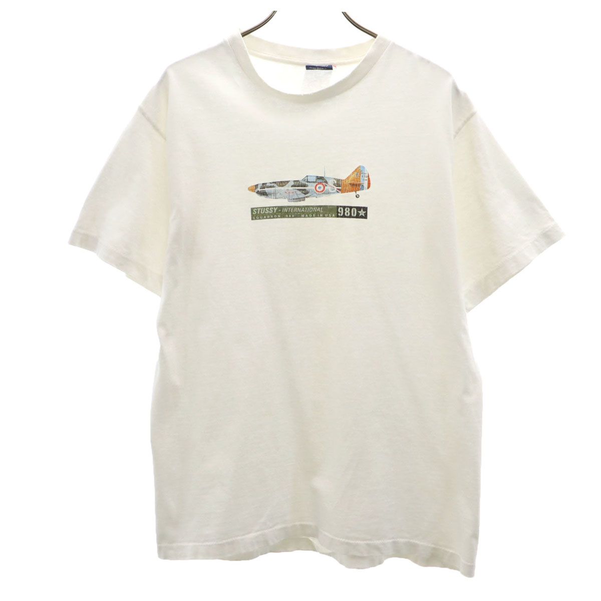 STUSSY ステューシー 90s USA製 オールド 紺タグ フランス空軍 戦闘機 D.520 半袖 Tシャツ M ホワイト シングルステッチ