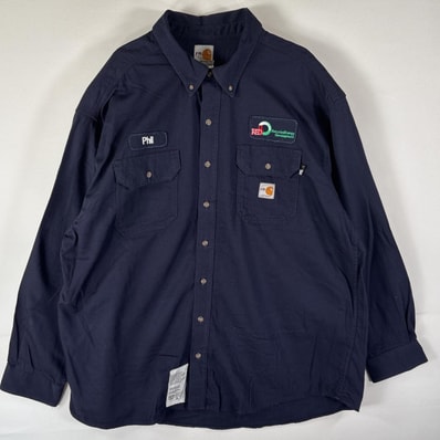 古着 カーハート Carhartt 長袖シャツ ワークシャツ ボタンシャツ 刺繍ロゴ ブランドロゴ 大きいサイズ 胸ポケット 2XL ネイビー メンズ