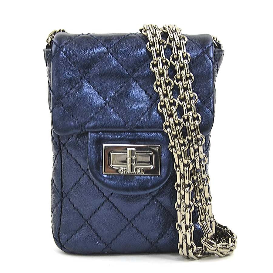 シャネル CHANEL ショルダーバッグ ミニポーチ 2.55 レザー メタリックネイビー レディース【中古】 90212a