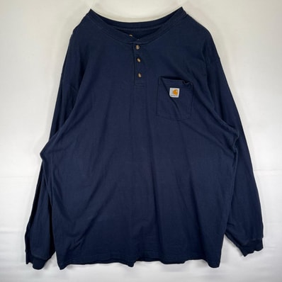 古着 カーハート Carhartt 長袖Tシャツ 胸ポケット ヘンリーネック ハーフボタン ワンポイントロゴ 3XL ネイビー系 メンズ