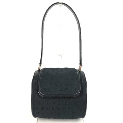 ブルガリ BVLGARI ブルガリブルガリ ロゴ カバン フラップ ドラム型 ショルダーバッグ 肩掛け ハンドバッグ レザー/キャンバス ブラック