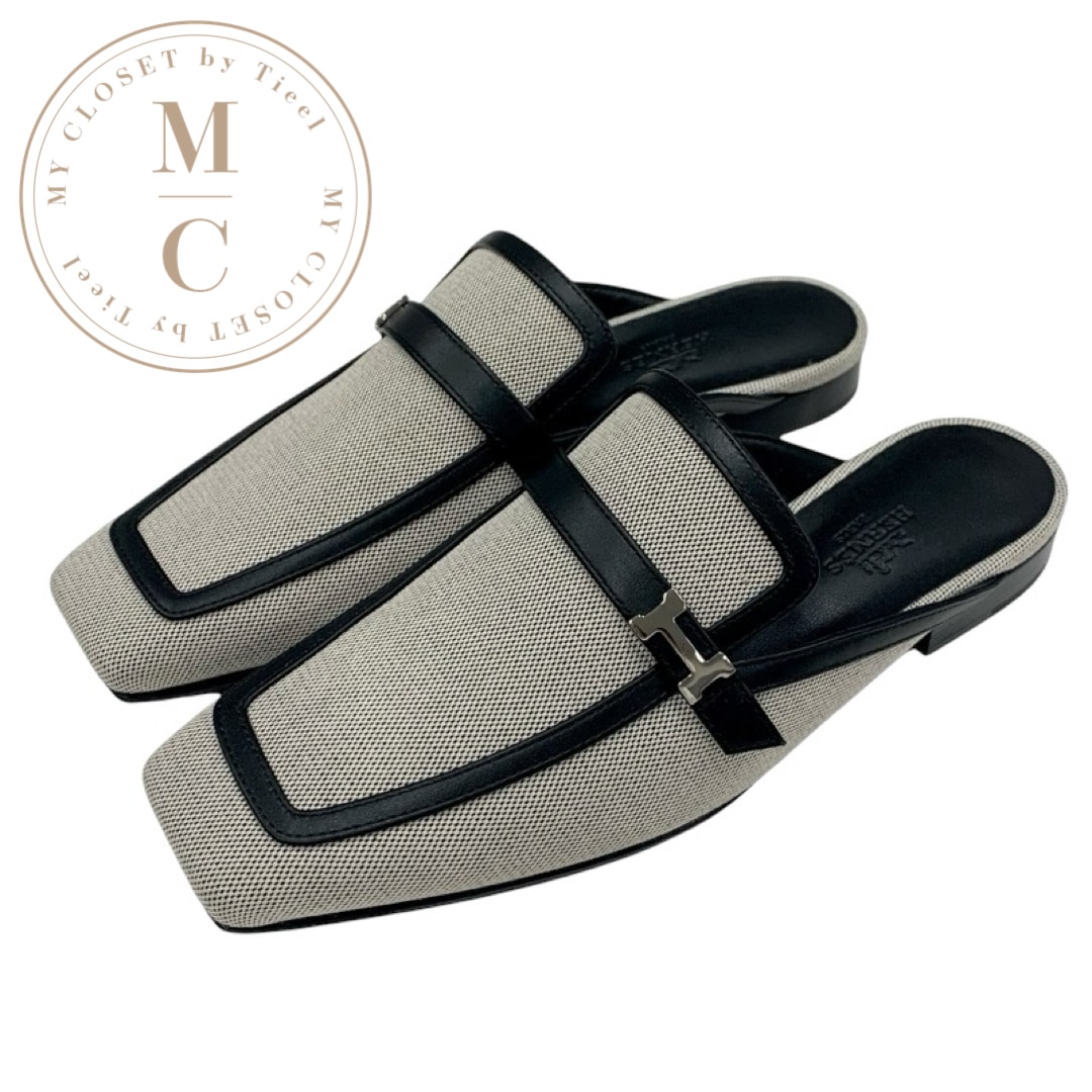 エルメス HERMES グルーピー フラットシューズ 靴 シューズ キャンバス レザー ブラック系 未使用 ミュール スリッパサンダル H金具