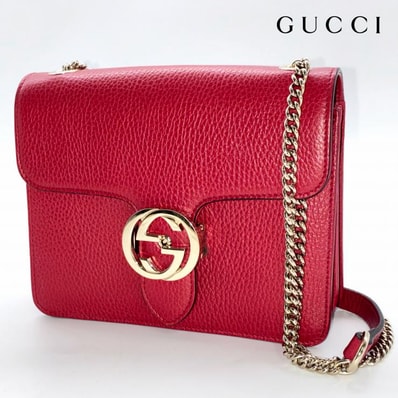 GUCCI グッチ インターロッキングG レザー チェーン ハンド ショルダーバッグ 2WAY レッド ゴールド金具 ★袋付★ ★美品★