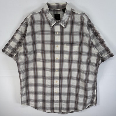 古着 ティンバーランド Timberland シアサッカー 半袖シャツ ロゴ 刺繍 チェック 胸ポケ 薄手 L ホワイト系 マルチカラー メンズ