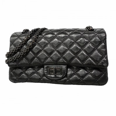 【6gc3610】シャネル ショルダーバッグ 2.55 Wチェーン カーフスキン ブラック シルバー金具【中古】レディース