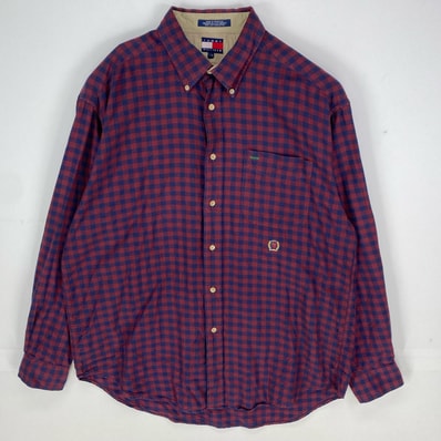 古着 90's/90年代 トミーヒルフィガー TOMMY HILFIGER 長袖シャツ 刺繍ロゴ ワンポイント L レッド系 チェック メンズ