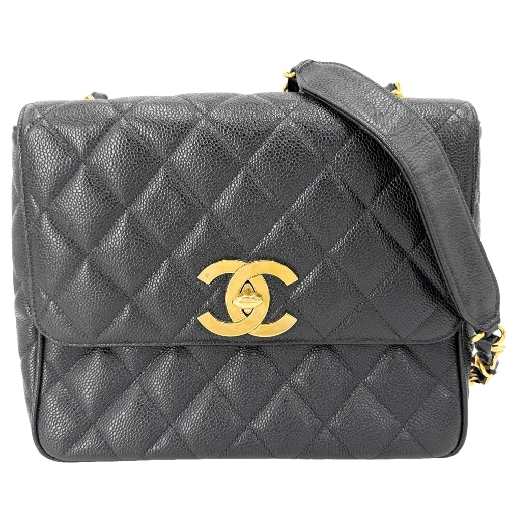 CHANEL シャネル ショルダーバッグ マトラッセ ココマーク スクエア 肩掛け 斜め掛け キャビアスキン ブラック 黒 ゴールド金具 レディース【中古品】