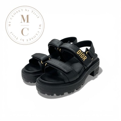 クリスチャンディオール CHRISTIAN DIOR DIORACT サンダル 靴 シューズ レザー ブラック ゴールド ロゴ ベルクロ ストラップ プラットフォーム