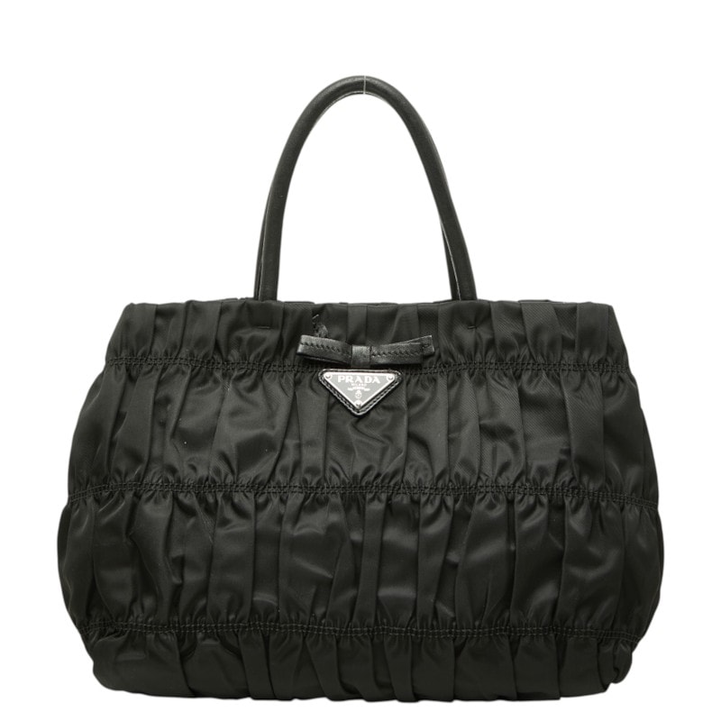 プラダ 三角ロゴプレート ギャザー ハンドバッグ BN1675 ブラック ナイロン レザー レディース PRADA 中古