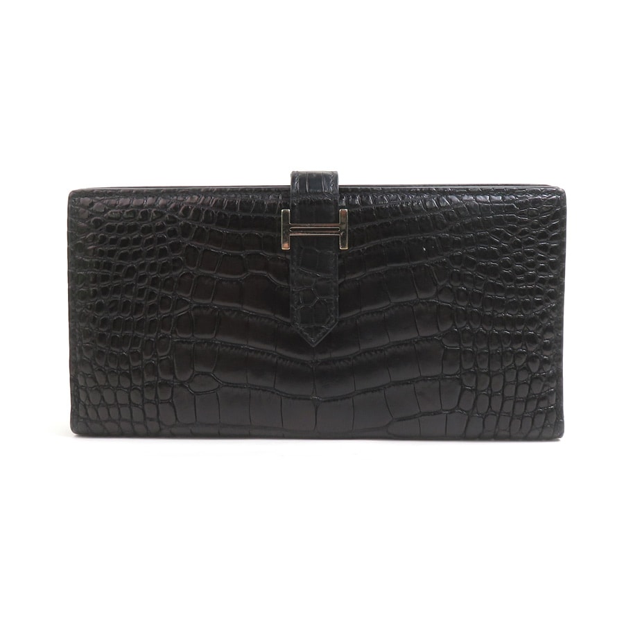 エルメス HERMES 二つ折り長財布 ベアンスフレ アリゲーター ブラック シルバー ユニセックス【中古】 90164a
