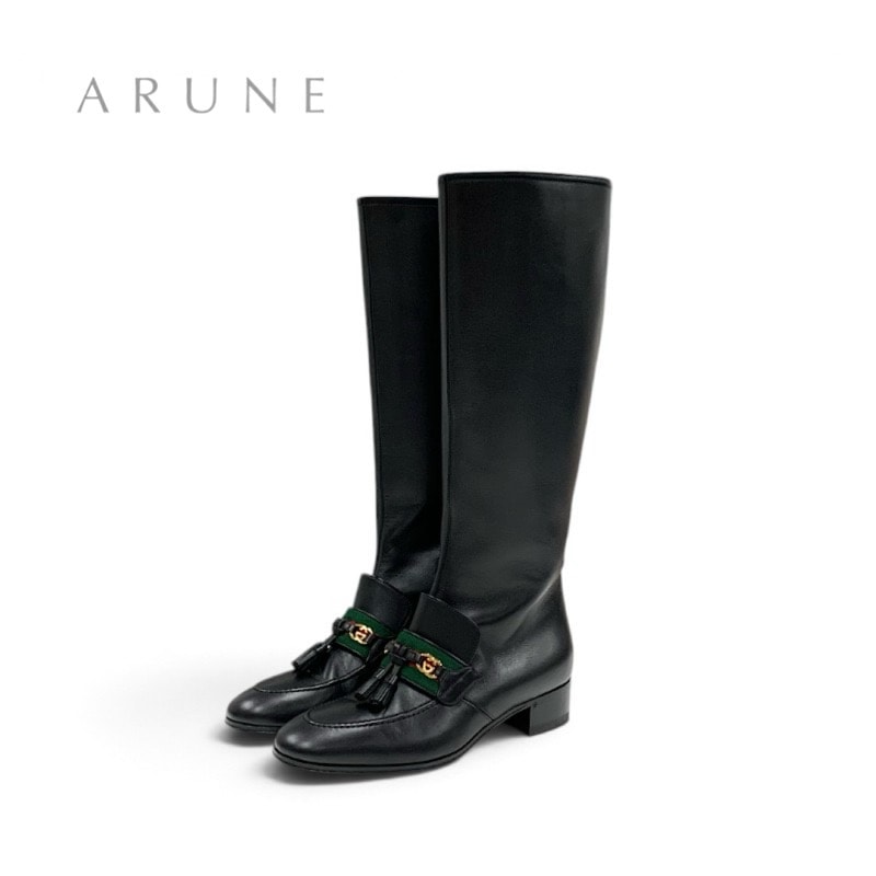 グッチ GUCCI ブーツ ロングブーツ 靴 シューズ レザー ブラック 黒 ゴールド タッセル シェリーライン