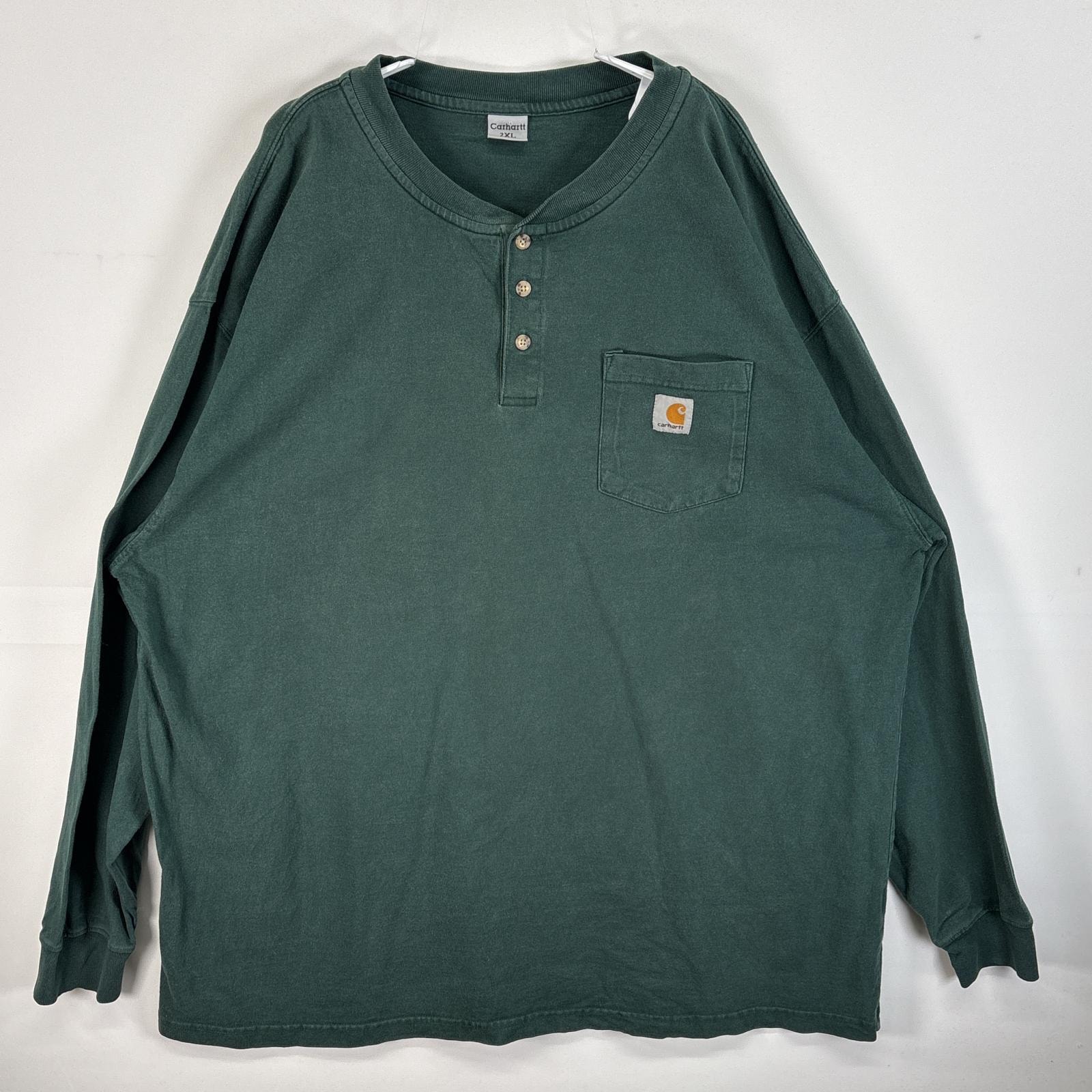 古着 カーハート Carhartt 長袖Tシャツ ヘンリーネック ワンポイント ロゴ 胸ポケ 2XL  グリーン 無地 メンズ