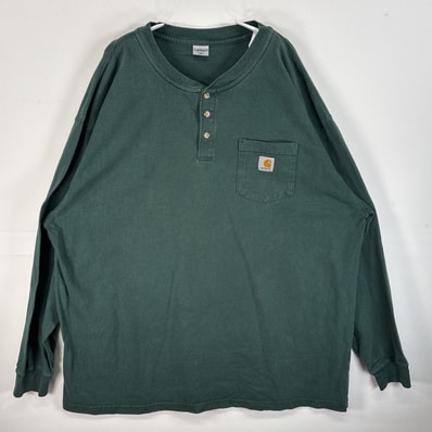 古着 カーハート Carhartt 長袖Tシャツ ヘンリーネック ワンポイント ロゴ 胸ポケ 2XL グリーン 無地 メンズ