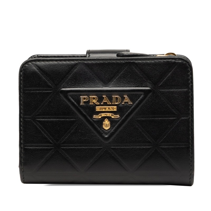 PRADA プラダ カーフレザー　トライアングルロゴ　コンパクトウォレット C (やや傷や汚れあり)】プラダ トライアングルロゴ 二つ折り財布
