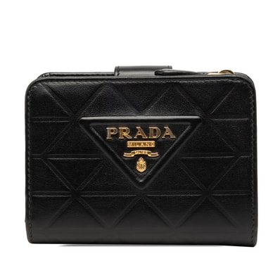 プラダ トライアングルロゴ 二つ折り財布 コンパクトウォレット ブラック ソフトカーフレザー レディース PRADA 【中古】