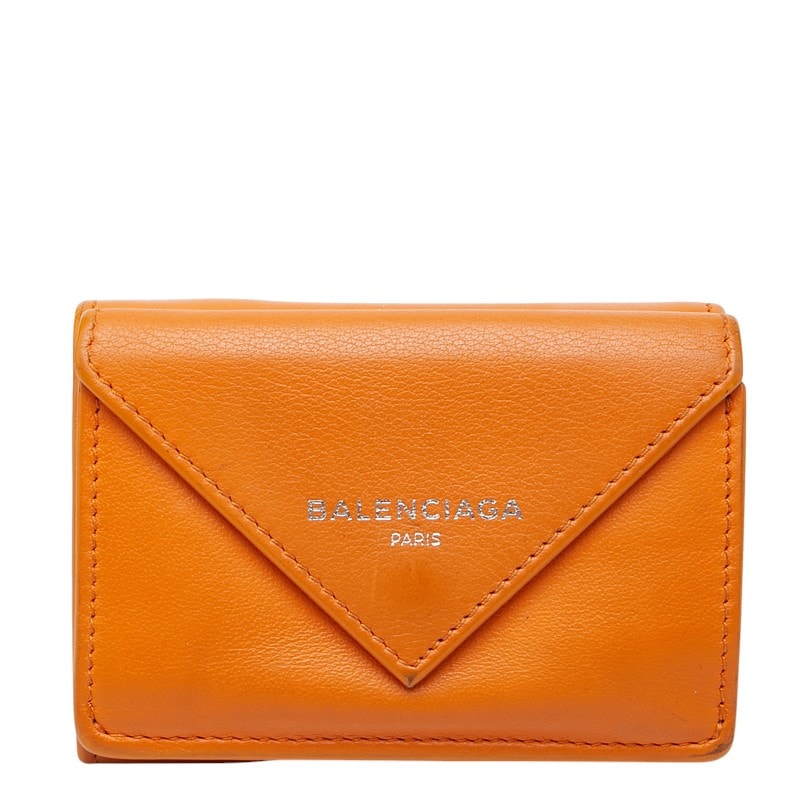 バレンシアガ ペーパー ミニウォレット 三つ折り財布 コンパクトウォレット 391446 オレンジ レザー レディース BALENCIAGA 中古