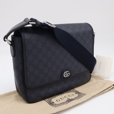 美品 GUCCI グッチ GGスプリーム オフィディア ショルダーバッグ 761741 ショルダーバッグ ネイビー ブラック キャンバス レザー メンズ