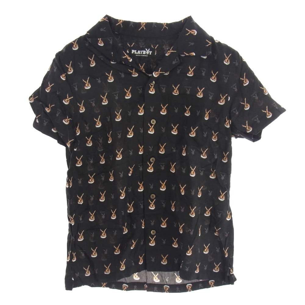 HYSTERIC GLAMOUR ヒステリックグラマー ブラウス 1141AH01 × PLAY BOY プレイボーイ 総柄 半袖シャツ ブラック系 フリーサイズ【中古】