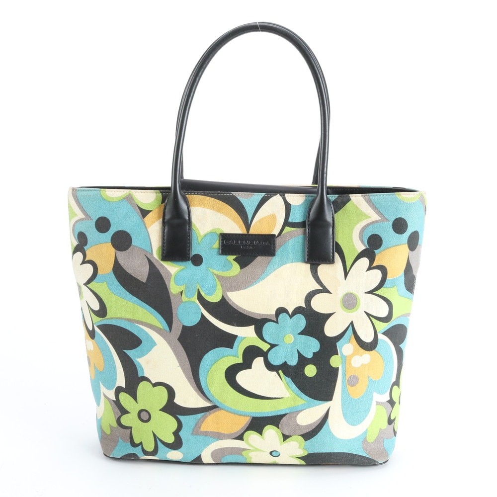 ■美品 バレンシアガ フラワー 花柄トート バッグ レザー×キャンバス