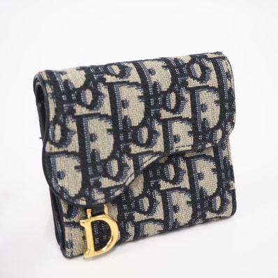 美品 Christian Dior クリスチャンディオール ブルー ディオール オブリーク ジャカード サドル ロータスウォレット S5652CTZQ 三つ折り財布 ネイビー ベージュ キャンバス レザー レディース
