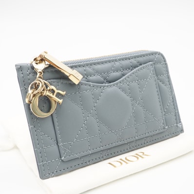 美品 Christian Dior クリスチャンディオール カナージュ ラムスキン Lady Dior Cosmos ジップ カードホルダー S0965ONMJ カードケース ブルー ラムスキン レディース
