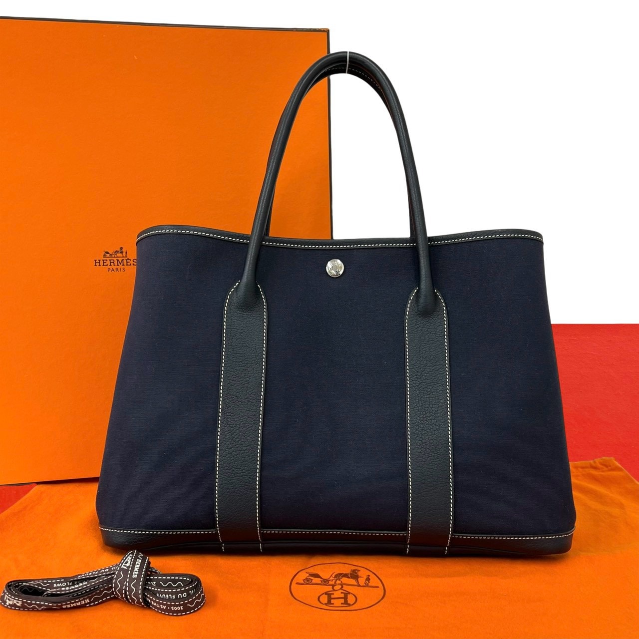 HERMES エルメス ガーデンパーティ PM ブッフル トワルアッシュ トートバッグ ネイビー
 632-9