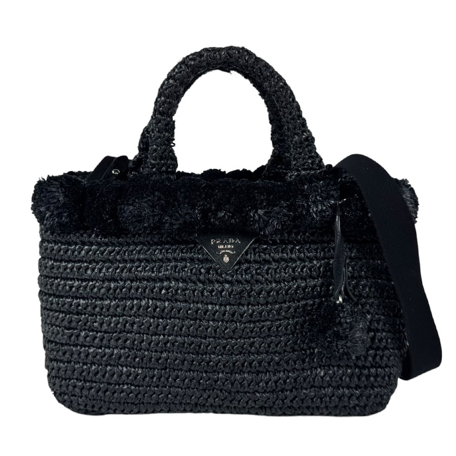 プラダ PRADA ハンドバッグ ショルダーバッグ ラフィア ブラック レディース 1BG889【中古】 z11167