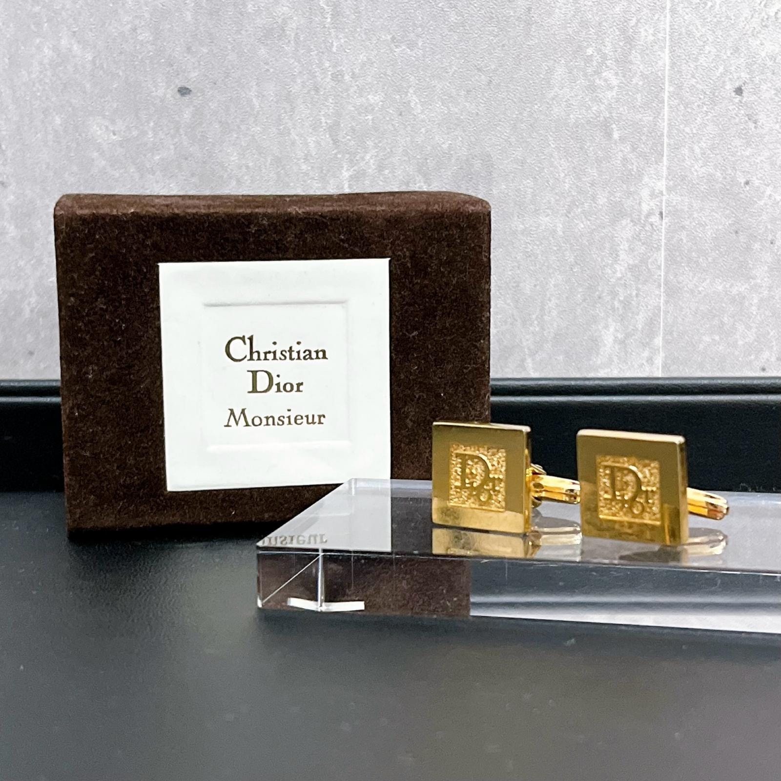 【Christian Dior】クリスチャンディオール CDロゴ カフス カフリンクス スクエア 格子 彫り柄 ゴールド メンズ 紳士 小物 礼装 箱付き