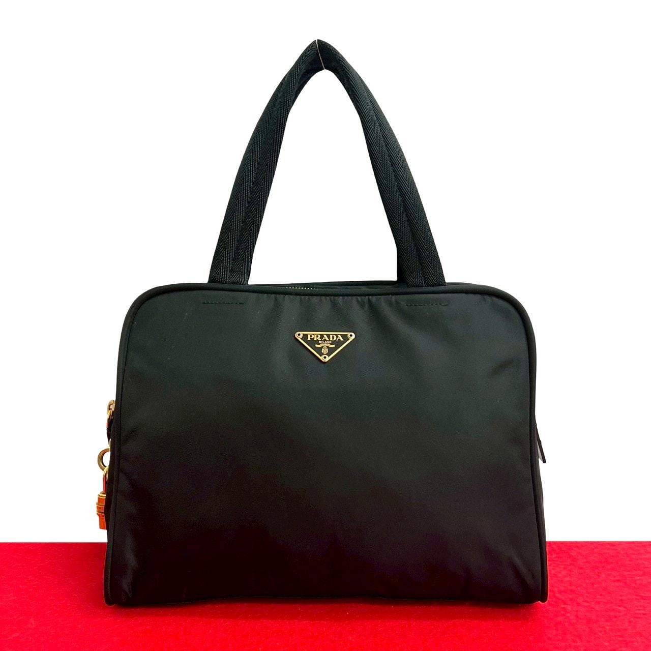 PRADA プラダ 三角ロゴ 金具 ナイロン ハンドバッグ ブラック
 144-5