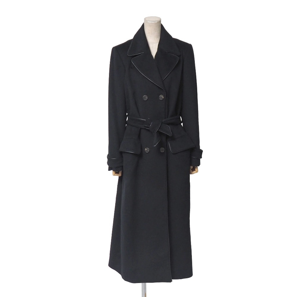 OLD CELINE オールドセリーヌ ヴィンテージ コート サイズ40 ダブル ベルテッド レザートリム ロングコート カシミヤ混 アンゴラ混 ブランド古着【中古】20260323/RA8484