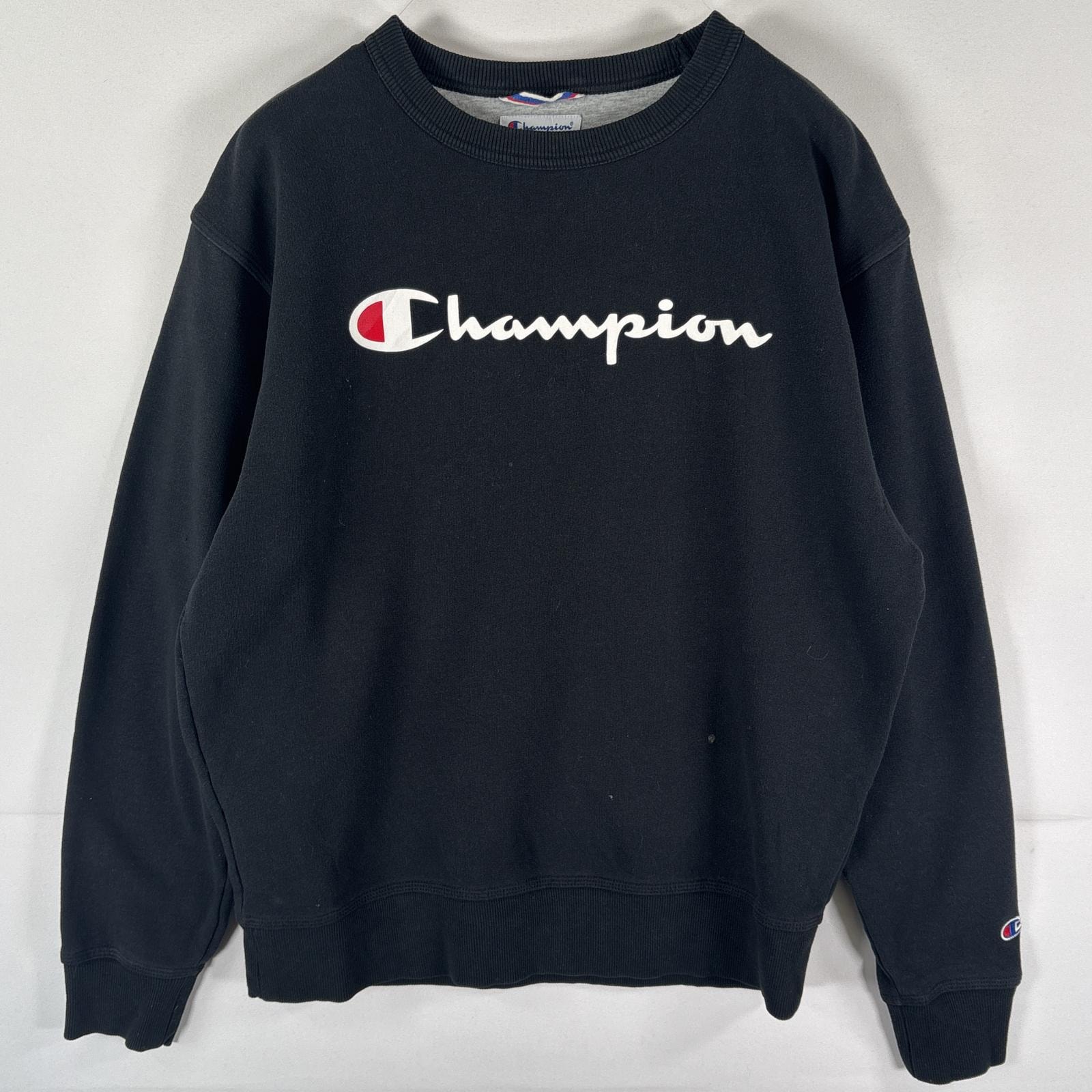 古着 チャンピオン Champion スウェット トレーナー プルオーバー  ビッグロゴプリント クルーネック ワッペン M  ブラック メンズ