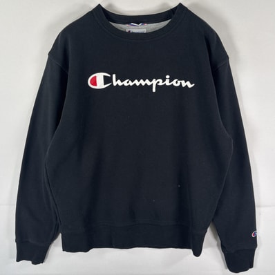 古着 チャンピオン Champion スウェット トレーナー プルオーバー ビッグロゴプリント クルーネック ワッペン M ブラック メンズ