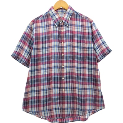 古着 ブルックスブラザーズ Brooks Brothers Est.1818 ボタンダウン チェック柄 半袖 リネンシャツ メンズL相当/eaa566205