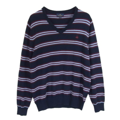 Brooks Brothers ブルックスブラザーズ ニット エクストラファインメリノウール Vネック エンブロイダリー ワンポイント刺繍 ボーダー ニット セーター プルオーバー ネイビー系 L【中古】