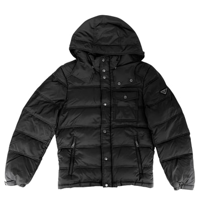 PRADA プラダ ダウンジャケット トライアングルロゴ フード付き ジャケット アウター アパレル 服 46 ブラック 黒 シルバー金具 ポリエステル メンズ 冬【中古品】