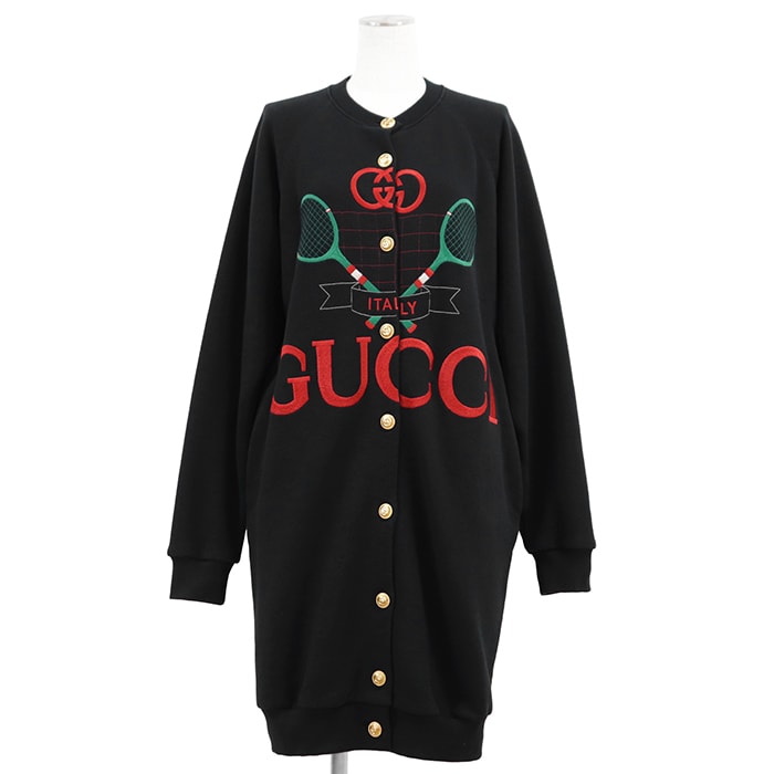 【美品】GUCCI グッチ ロングカーディガン サイズ表記不明 レディース グッチテニス シグネチャー ロゴエンブロイダリー 刺繍 スウェット GG ゴールドボタン リバーシブル フローラルライニング 長袖 トップス ブラック 黒 マルチカラー イタリア製