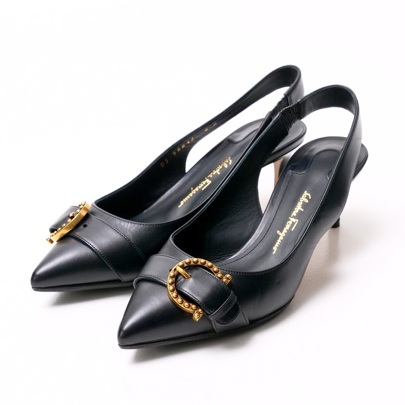 Salvatore Ferragamo サルヴァトーレフェラガモ パンプス サイズ4 1/2D ガンチーニ レザー スリングバック ポインテッドトゥ ブラック イタリア製 ブランド古着【中古】20241223/RA2659
