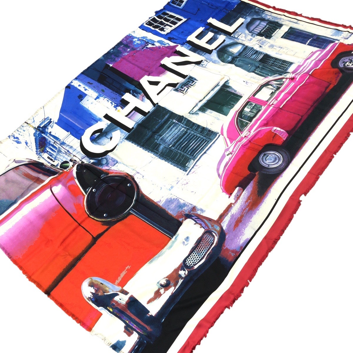 新品未使用 CHANEL シャネル 大判 車 ブルー ホワイト レッド シルク スカーフ ストール 男女兼用 602008 【中古】