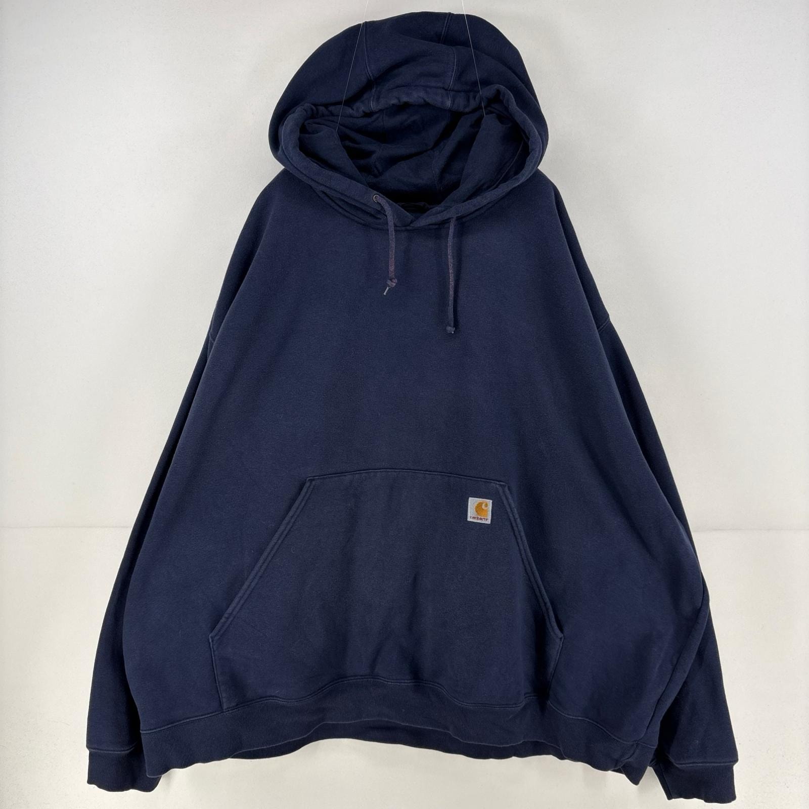 古着 カーハート Carhartt パーカー プルオーバー 刺繍 ワンポイント ロゴ スウェット 大きいサイズ 肉厚 厚手 5XL  ネイビー メンズ