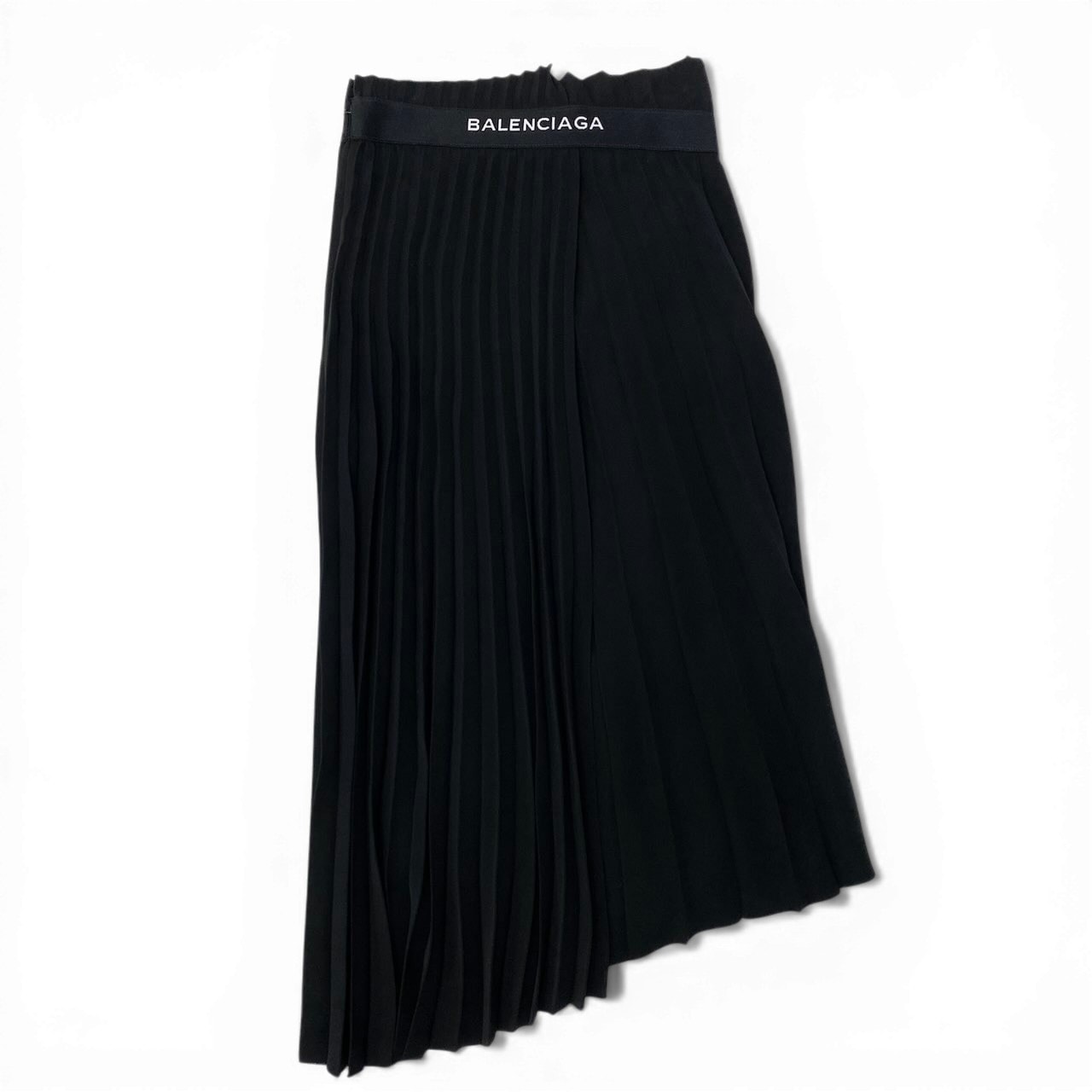 美品 BALENCIAGA バレンシアガ プリーツスカート ラップスカート アシンメトリーデザイン ウエストロゴ ブラック ポリエステル スカート A3-00284 【中古】