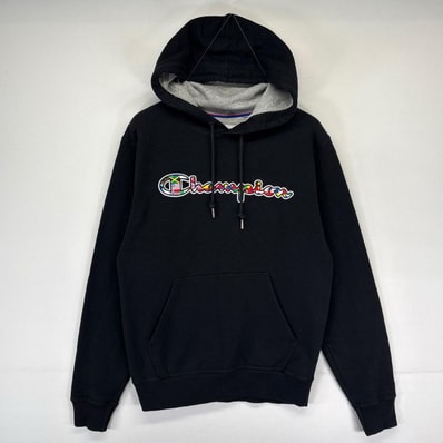 古着 チャンピオン Champion パーカー プルオーバー プリントロゴ スウェット フーディ S ブラック系 メンズ