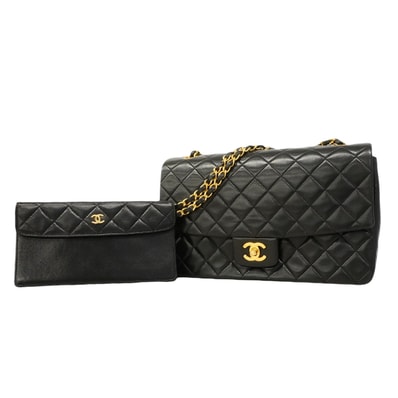 ★SALE【6hc1520】シャネル ショルダーバッグ マトラッセ Wチェーン ラムスキン ブラック ゴールド金具【中古】レディース