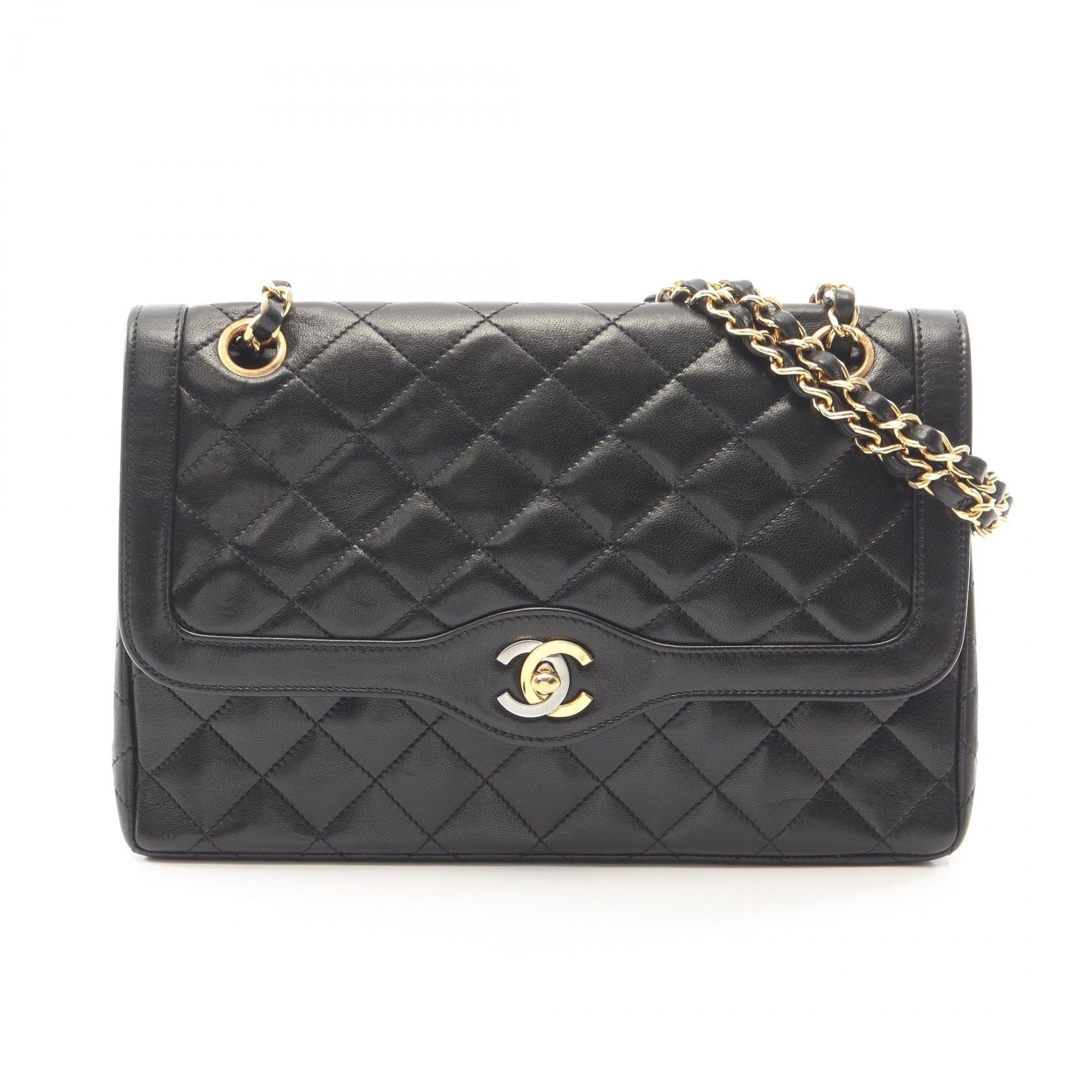 シャネル CHANEL マトラッセ パリ限定 Wフラップ ショルダーバッグ バッグ ラムスキン(羊革) レディース ブラック系 【中古】