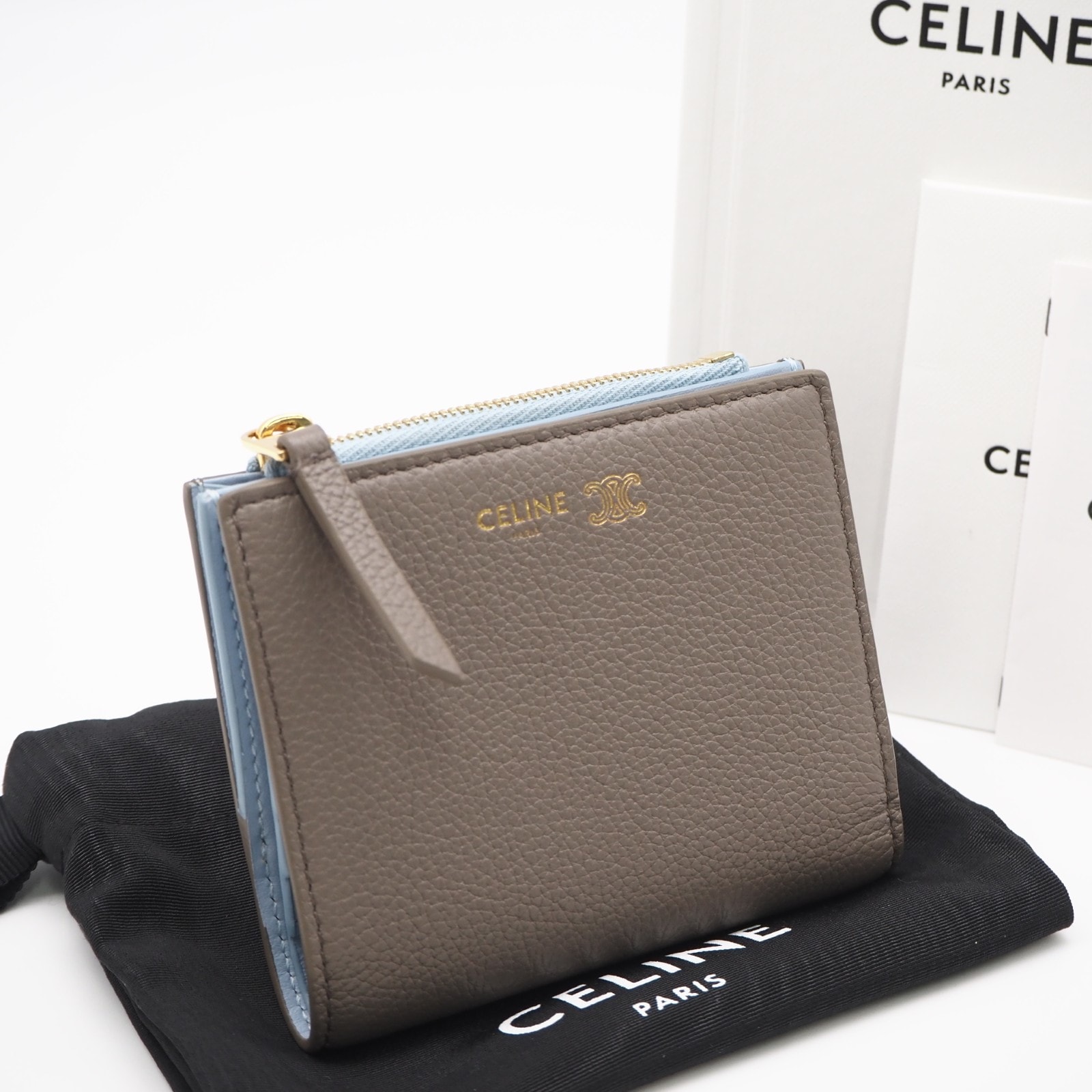 極美品 CELINE セリーヌ トリオンフ スタンプ コンパクトウォレット サプル グレインド L100H2O54 二つ折り財布 グレージュ ブルー スムースレザー レディース